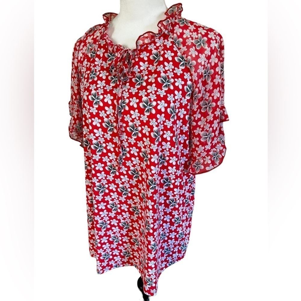 NY COLLECTION 2X Red Gray Floral Plus Size Relaxed Fit Women's Blouse top shirt - Picture 4 of 13